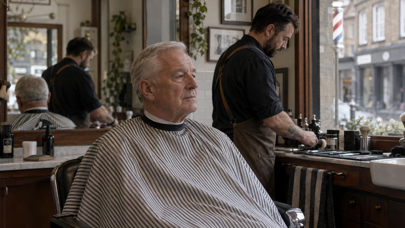 A retired man in a barber chair, mid-haircut, in a traditional barbershop