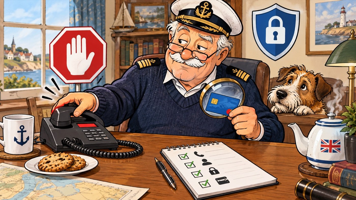 A retired captain calmly checking a bank card and hanging up the phone