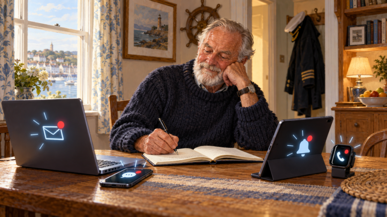 An older man writing in a paper notebook at a kitchen table surrounded by a laptop, tablet, phone and watch all showing notifications.