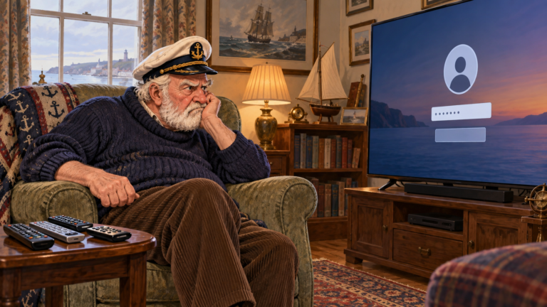 An older man in a captain's cap sits in an armchair, glaring at a television that is asking for a password.