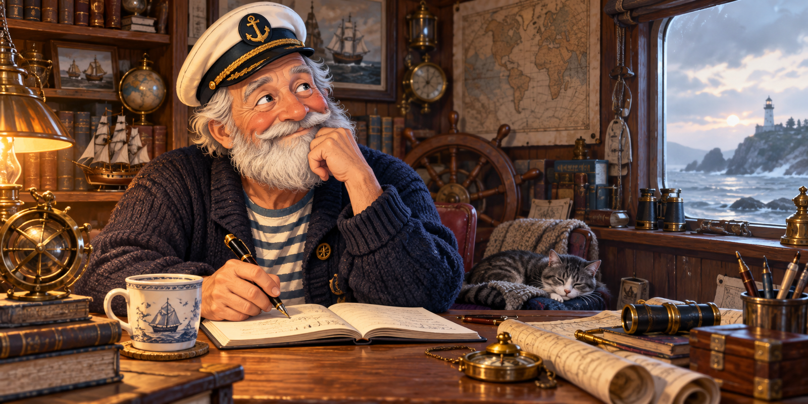 Cartoon portrait of a jovial retired captain as The Old Grey Thinker, seated at a writing desk with maps and nautical details