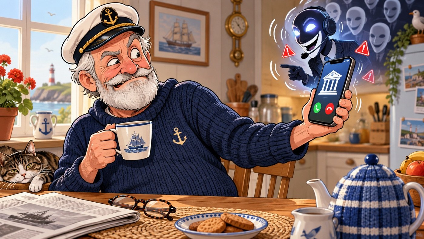 A retired captain holding a suspicious phone call at arm's length