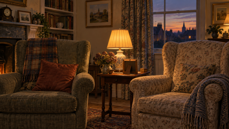 Two armchairs by lamplight in a quiet sitting room, one of them empty
