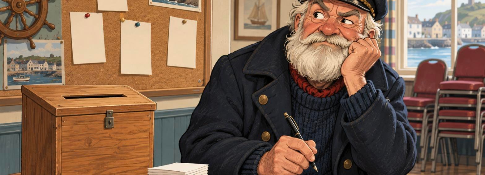 A retired ship's captain sitting beside a parish-hall suggestion box, looking thoughtfully out over the harbour.